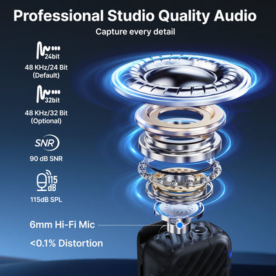 High-quality audio mic with technical specifications on a dark background