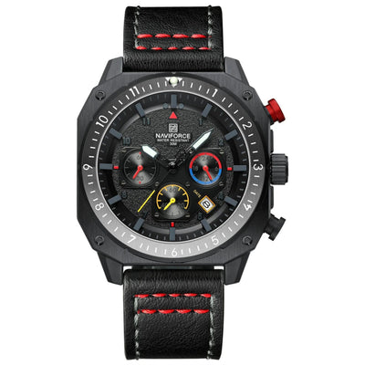 A multicolored sports multifunction waterproof watch for men with a leather band and a dial featuring luminous hands and a date display.
