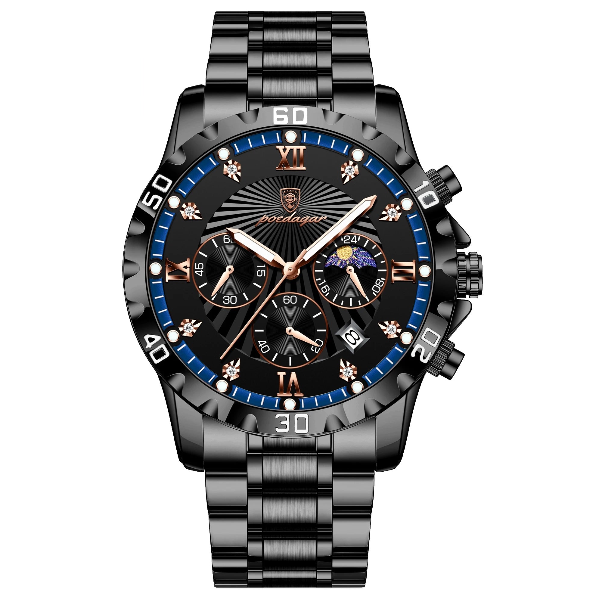 Luxury watch with black dial and blue accents on a white background
