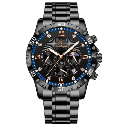 Luxury watch with black dial and blue accents on a white background