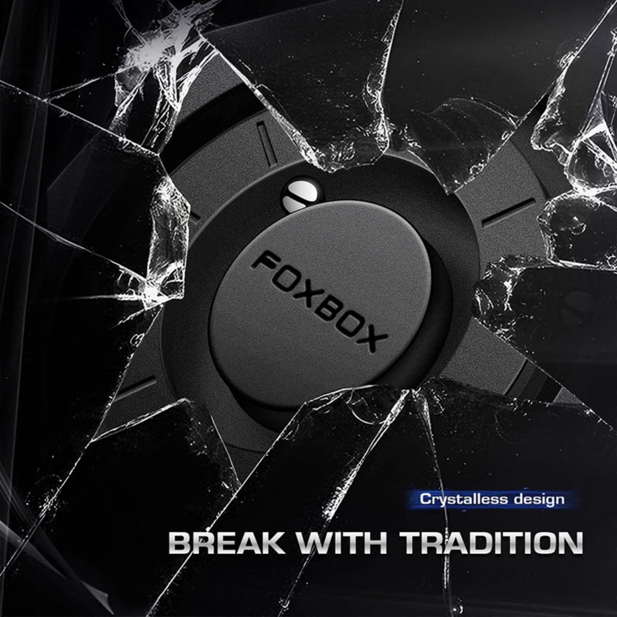 Phone mount with 'FOXBOX' branding through a cracked glass background, featuring text 'Break with Tradition'.