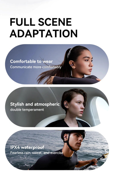 Three individuals wearing headsets with text describing features like comfort, style, and waterproofing.