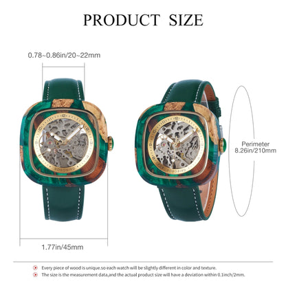 Green watch with gold accents and measurements on a white background