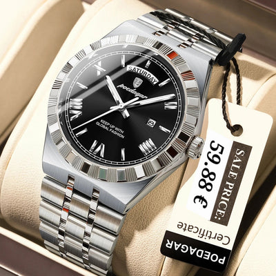 A silver stainless steel watch with a black dial and date window, displayed inside a beige watch box with a paper tag attached. The dial shows the brand name 'POEDAGAR'.