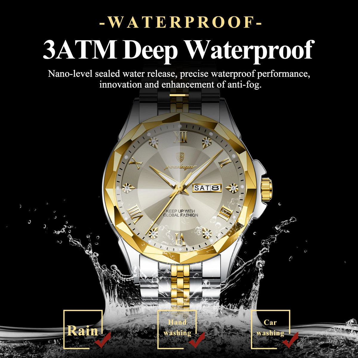 A gold and silver-tone stainless steel watch with a beige dial, shown against a black background with water splash graphics and text highlighting 3ATM deep waterproof features.