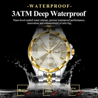 A gold and silver-tone stainless steel watch with a beige dial, shown against a black background with water splash graphics and text highlighting 3ATM deep waterproof features.