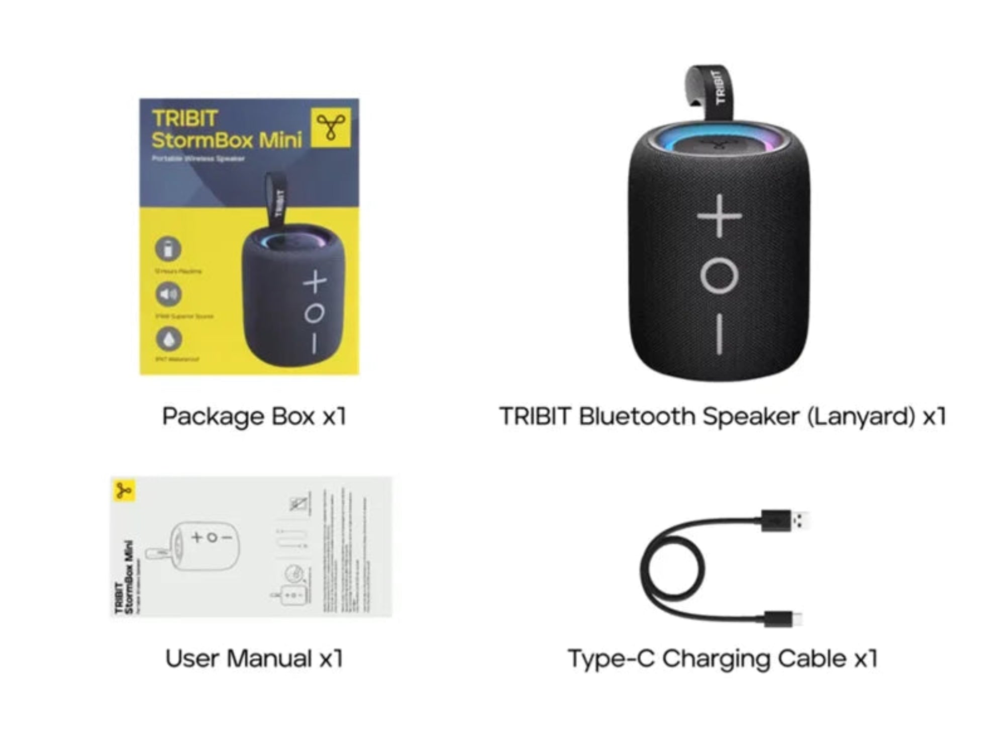 TRIBIT Bluetooth speaker with packaging, user manual, and charging cable on a white background