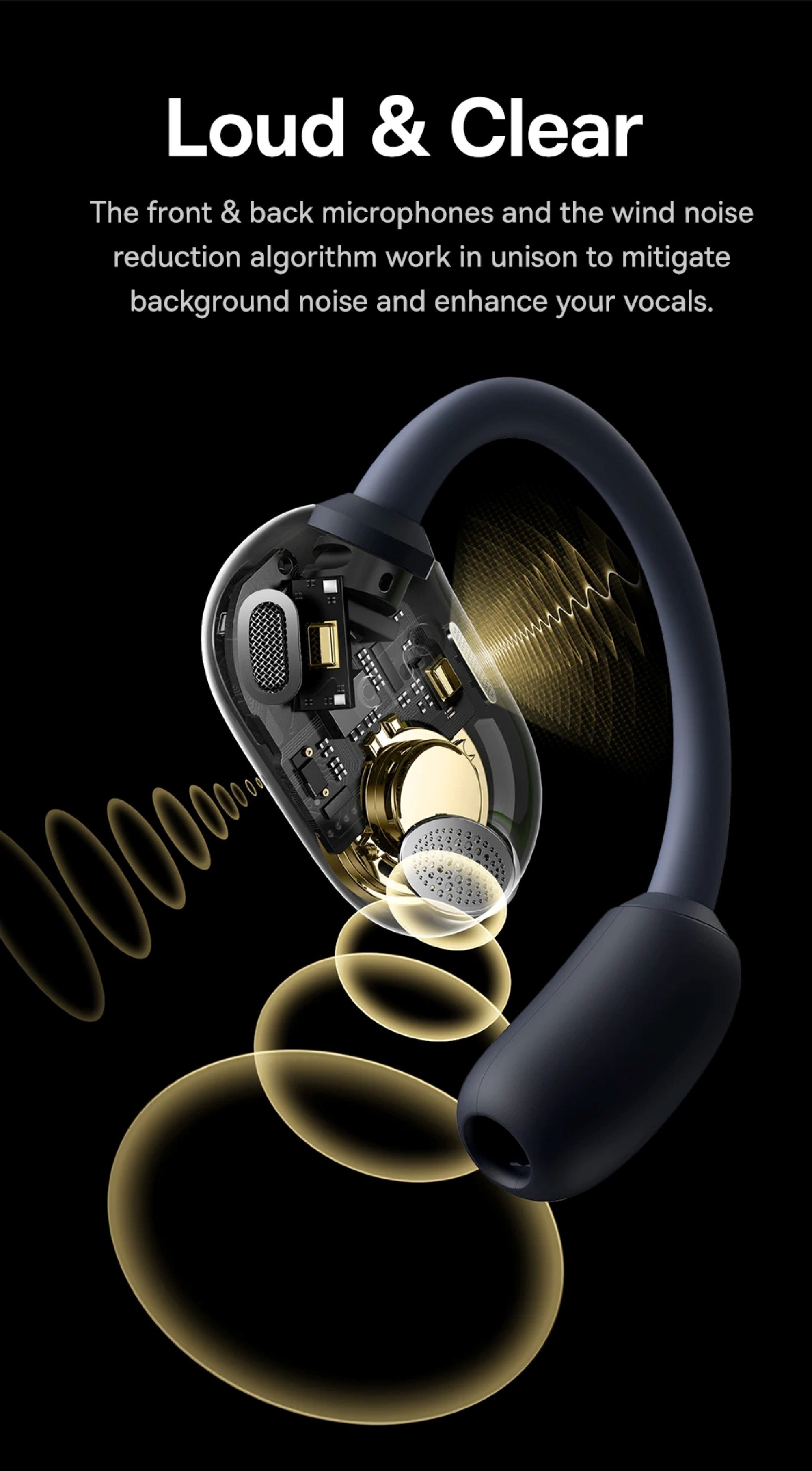 Close-up of a wireless earbud with technical details on a black background