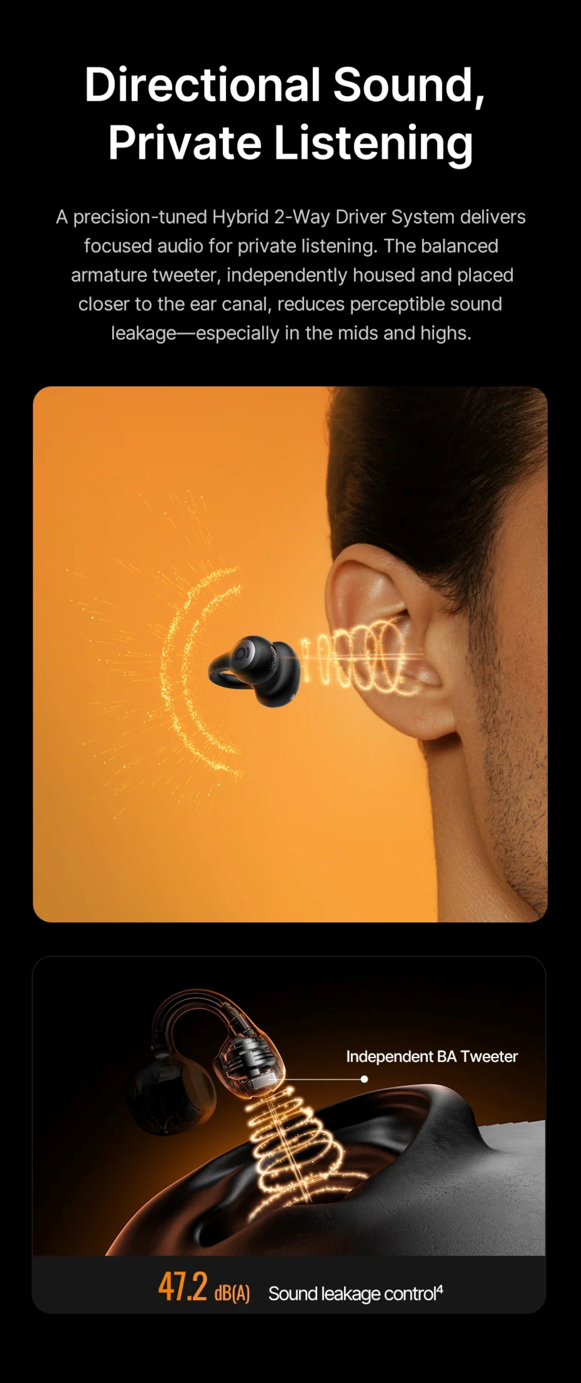 Audio device with earbud and technical details on a black background