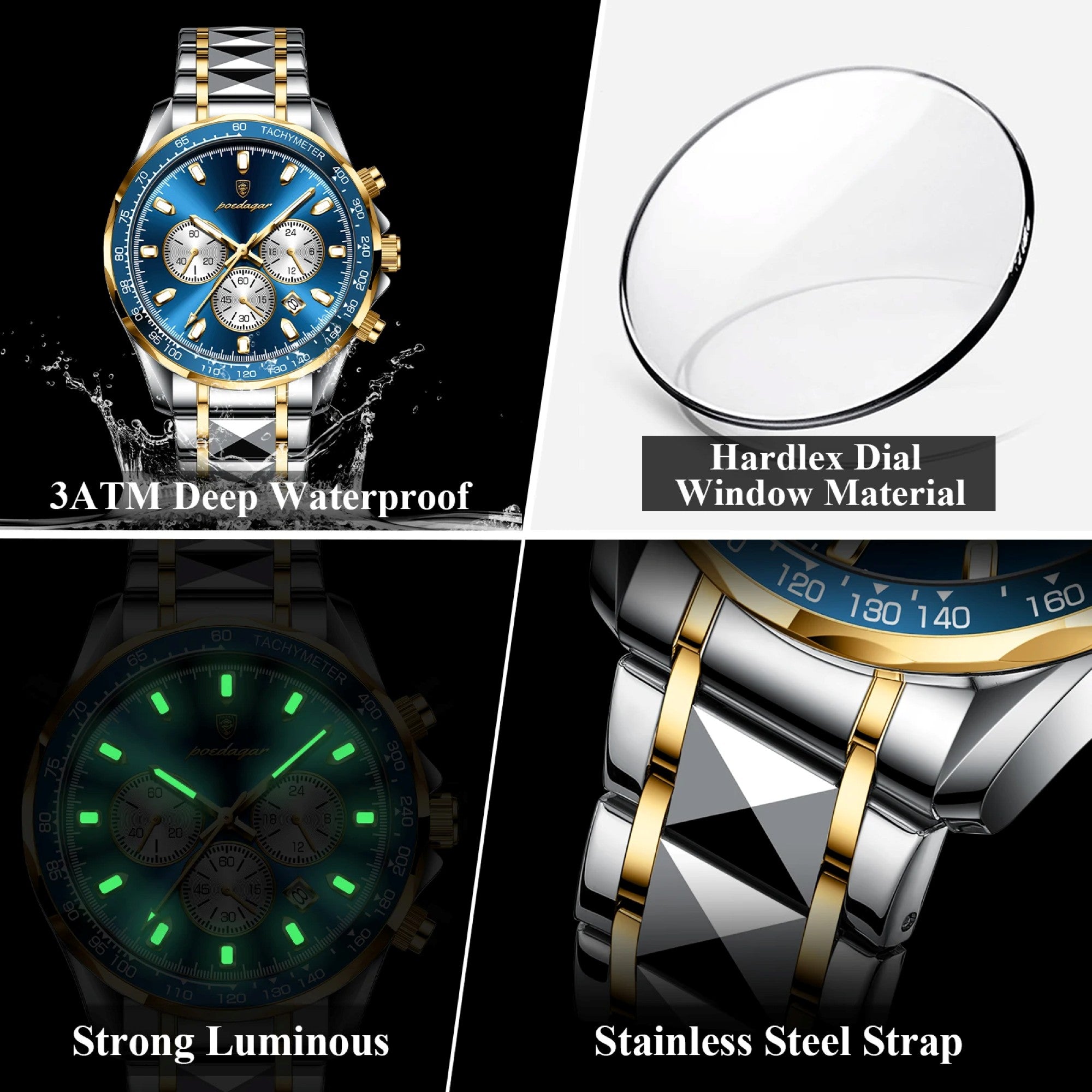 Collage of a watch with features highlighted, including waterproof, hardlex dial, strong luminous, and stainless steel strap.