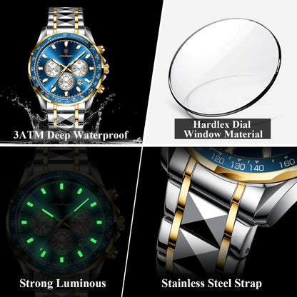 Collage of a watch with features highlighted, including waterproof, hardlex dial, strong luminous, and stainless steel strap.