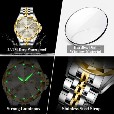 A four-panel product feature collage for a wristwatch. Top-left shows the watch with a gold and silver metal bracelet and light beige dial on a black background, labeled '3ATM Deep Waterproof.