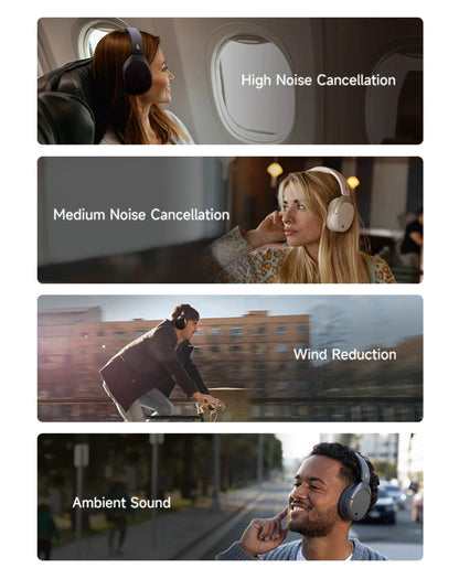 Four scenarios demonstrating different noise cancellation features with people wearing headphones.