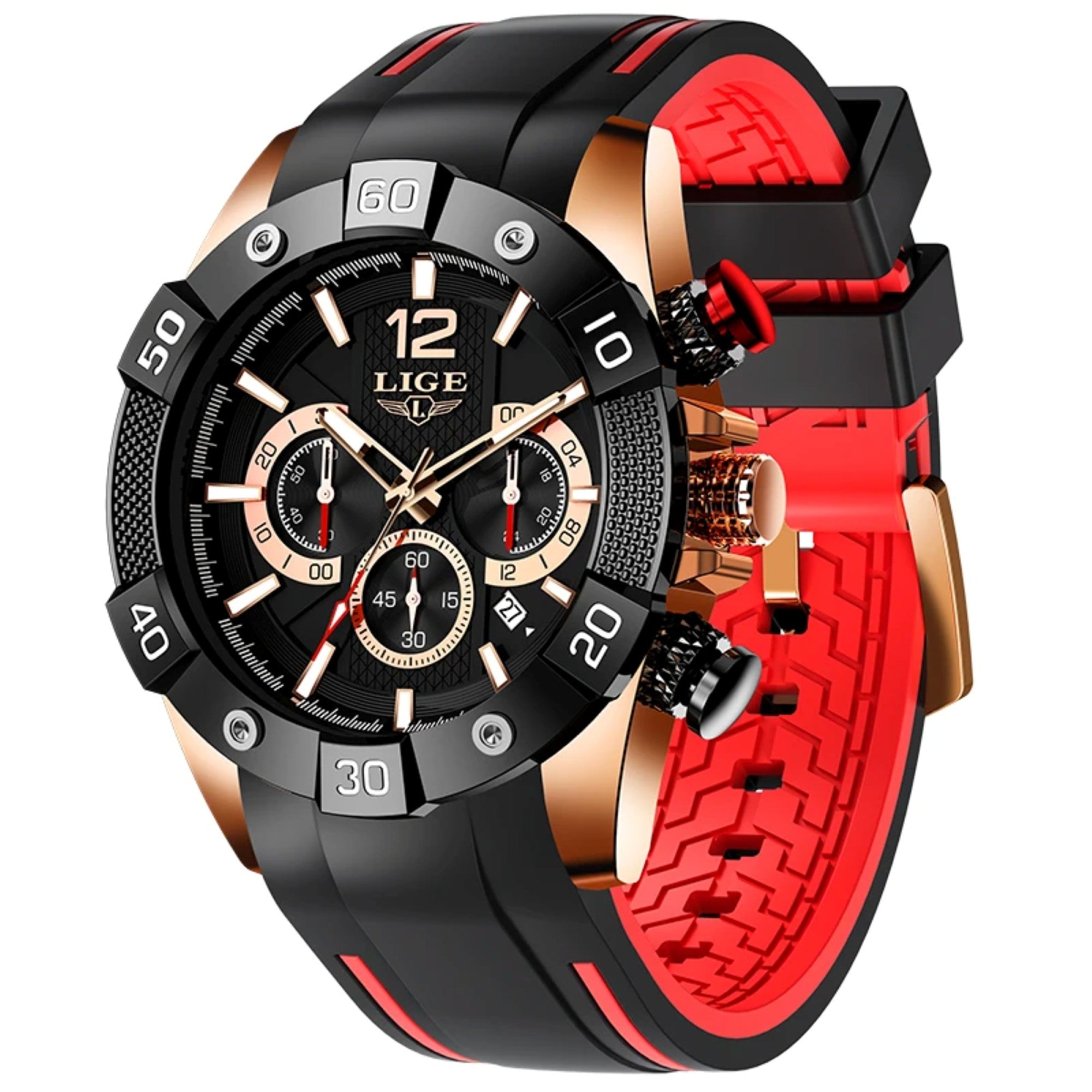 Wristwatch with black and red strap on a white background