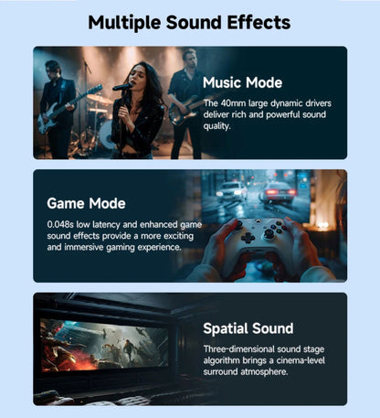 Three sections showcasing different sound modes with corresponding images and text on a blue background.