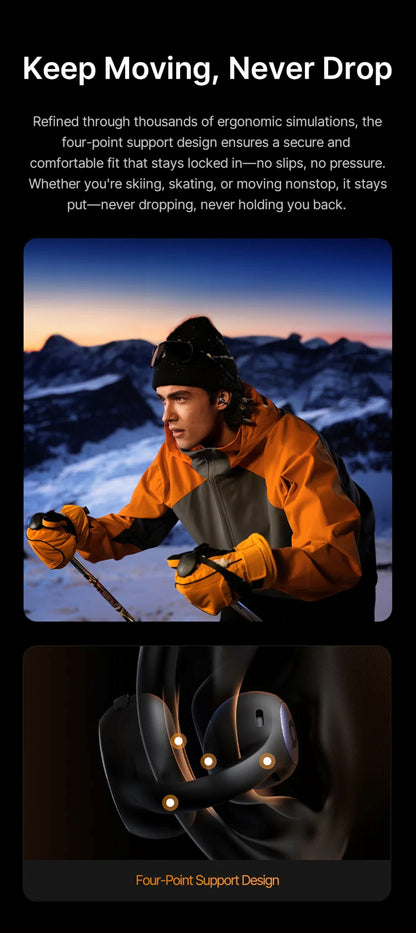 Person skiing with text about four-point support design on a mountain background