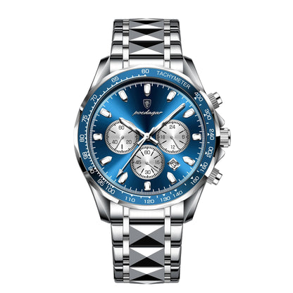 Silver watch with a blue face on a white background