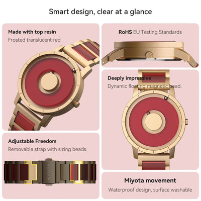 Watch with red face and gold casing on a pink background, featuring text about its features.