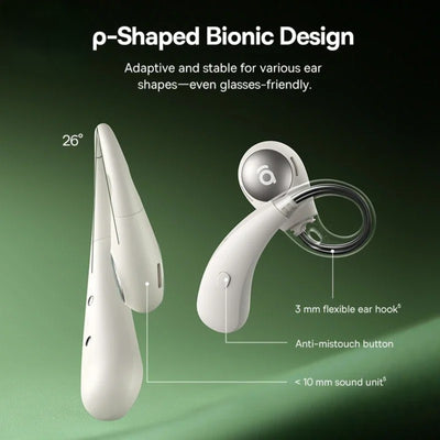 P-shaped bionic design earbud with specifications on a green background