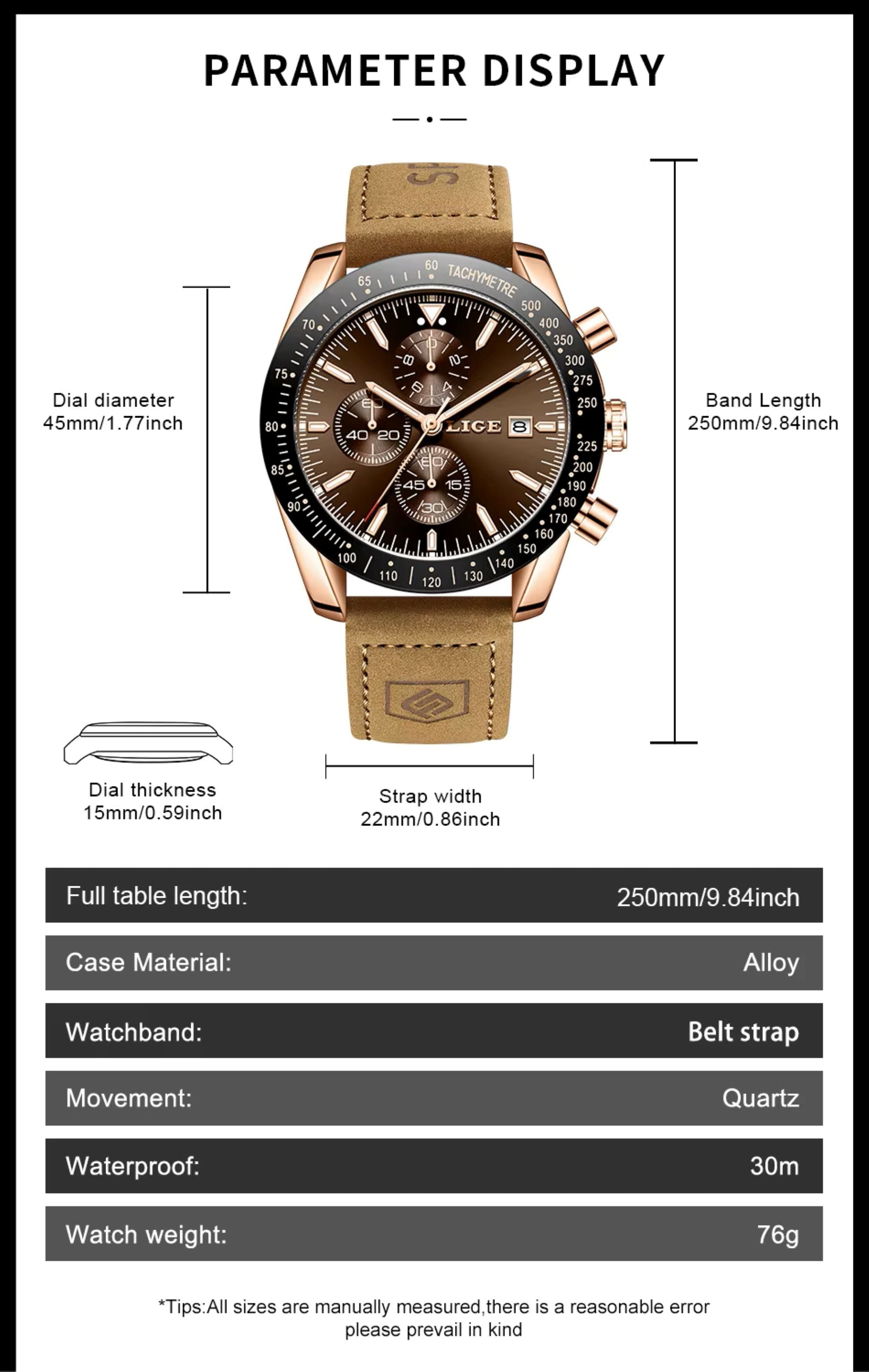 Watch with detailed specifications on a white background