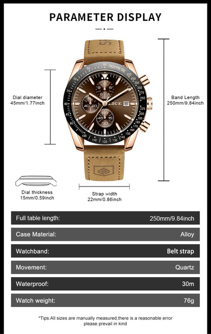 Watch with detailed specifications on a white background