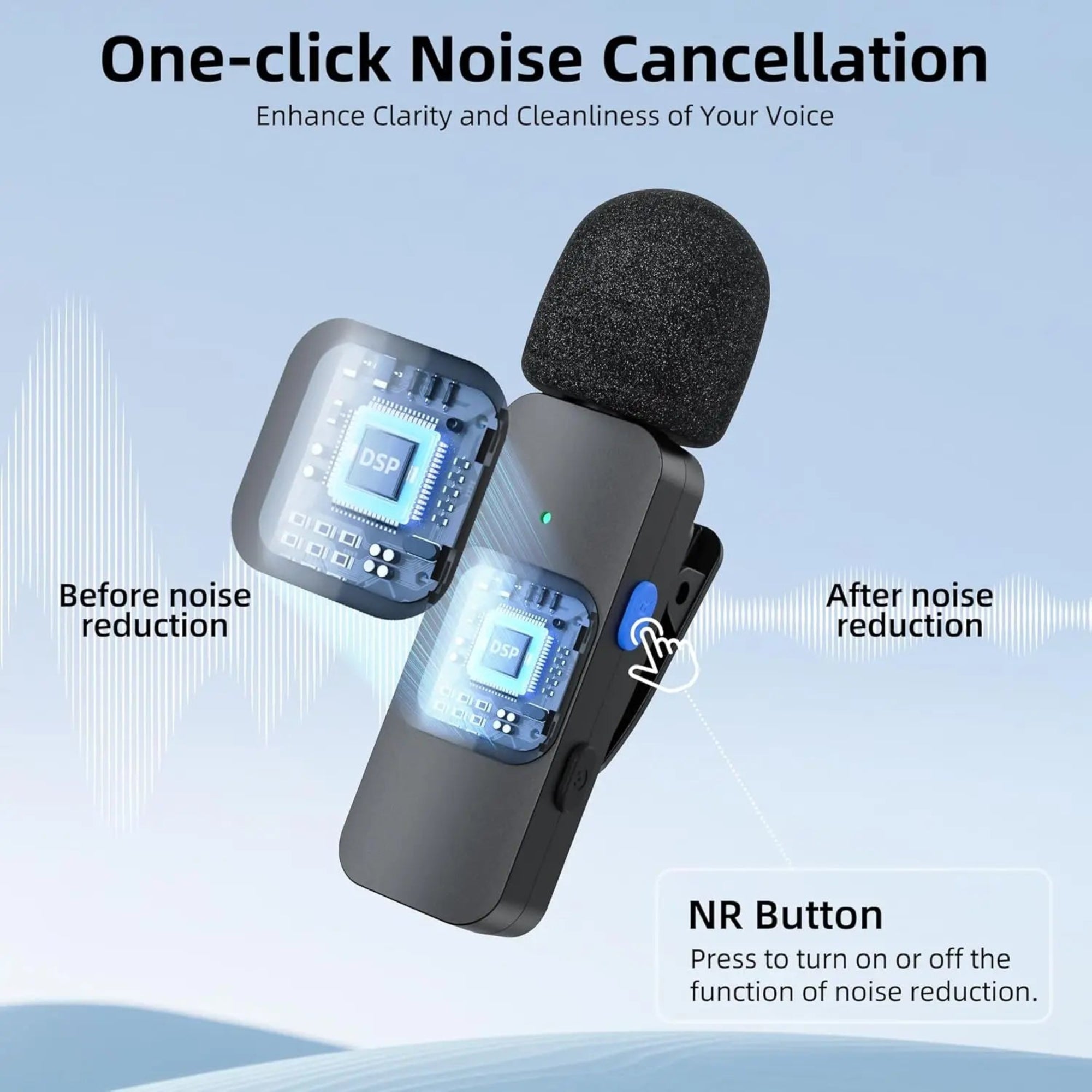 Microphone with noise cancellation technology on a light blue background
