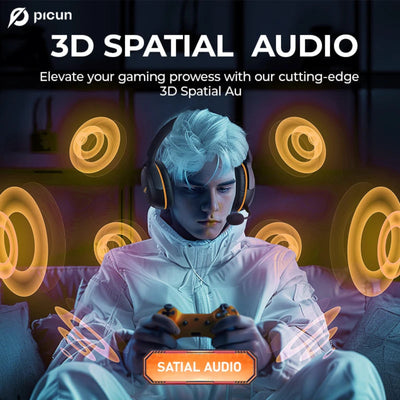 Person playing video games with 3D spatial audio headphones, surrounded by glowing circular lights.