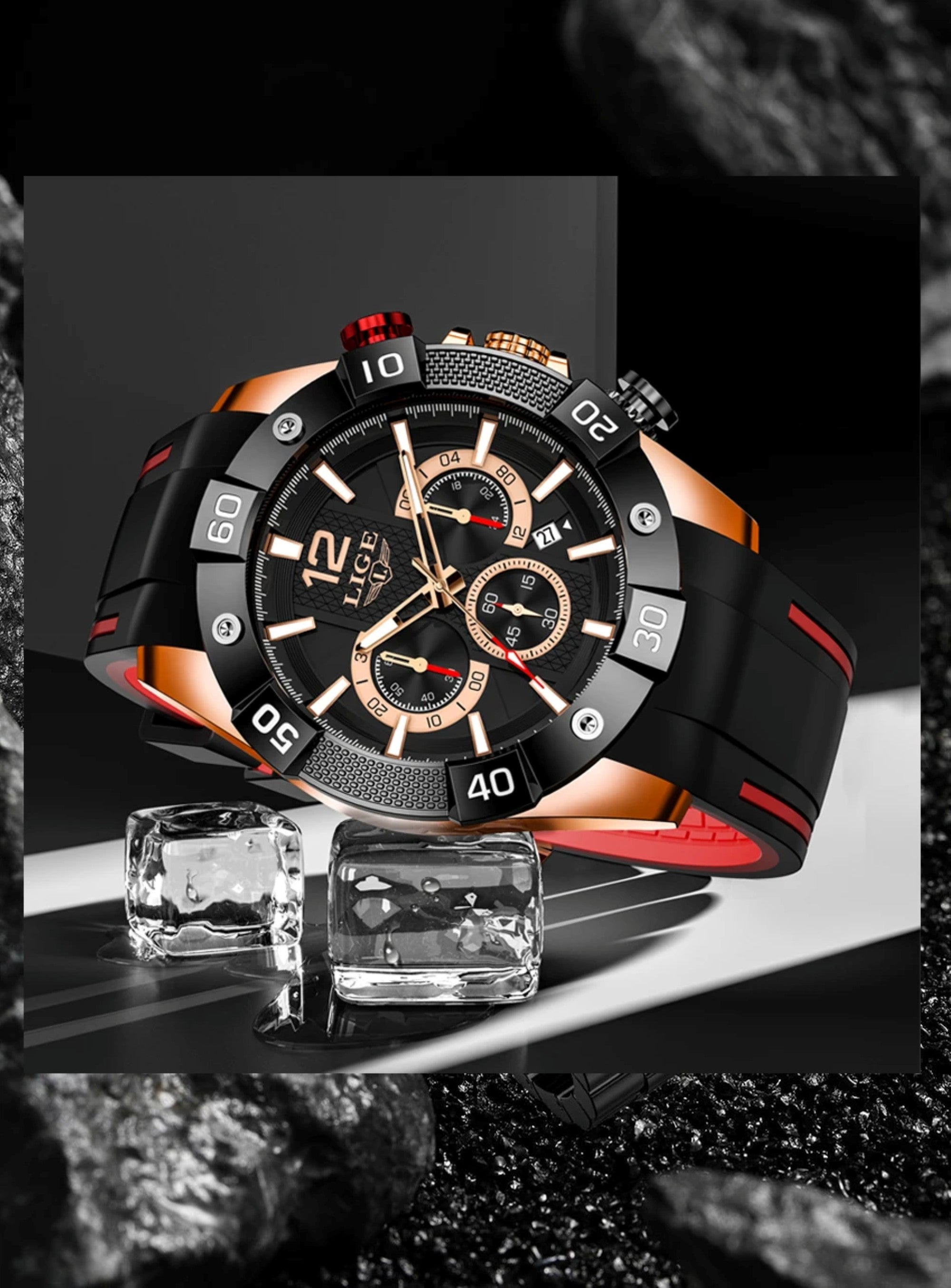 Luxury watch with black and red design on a dark background