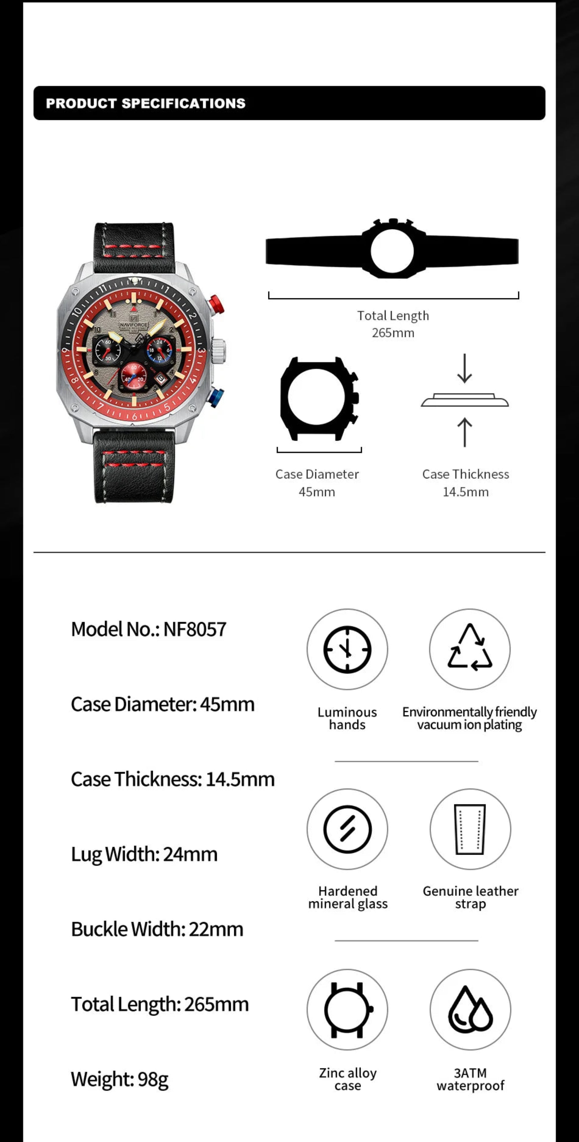 Product specifications of a watch on a white background