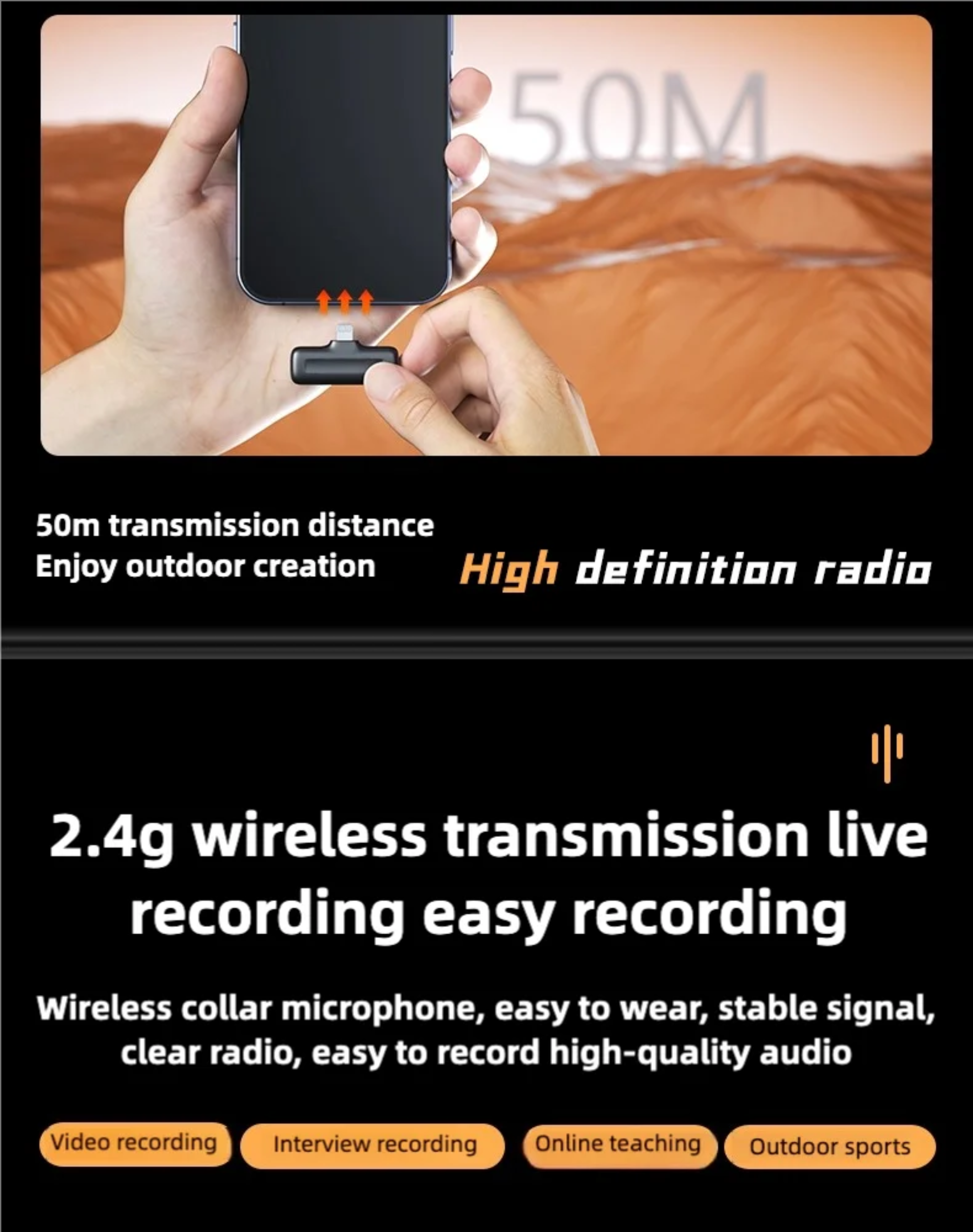 Hand holding a small device with text about wireless transmission and high-definition radio.