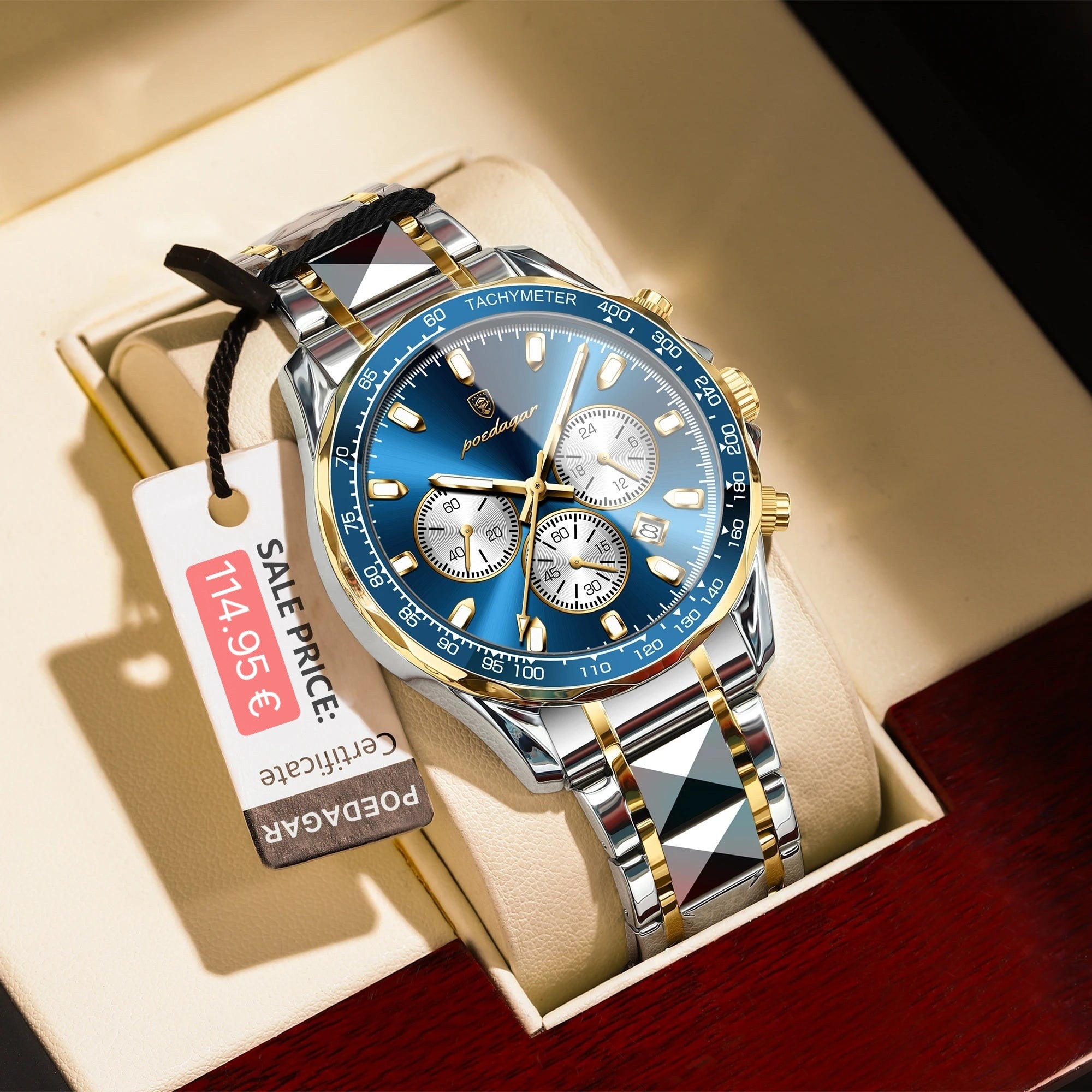 Luxury watch with blue face and gold accents in a box, featuring a visible price tag.