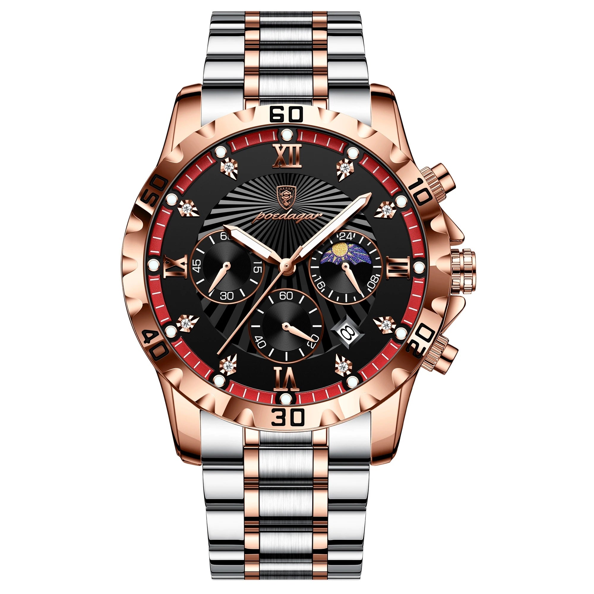 Luxury watch with rose gold and silver band on white background