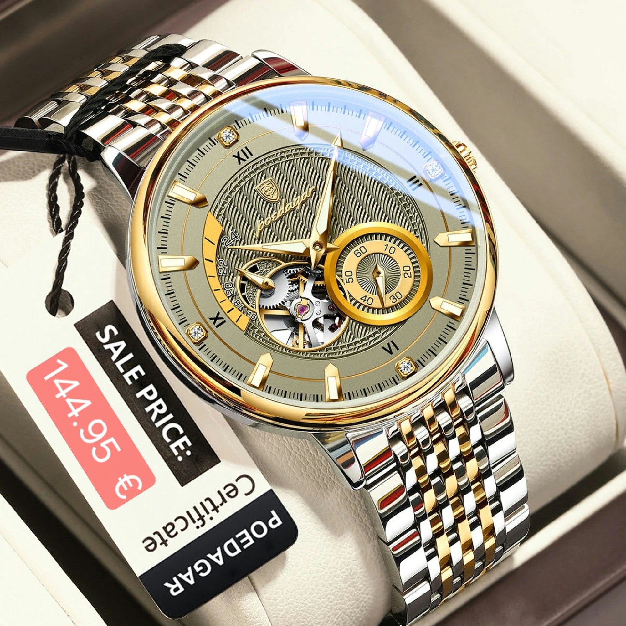 Luxury watch with a gold and silver band on a white cushion, accompanied by a sale price tag and certificate.