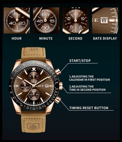 Police watch with brown leather strap and detailed face on a dark background, showing time display features.