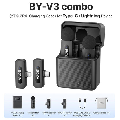 BOYA BY-V3 combo wireless microphone system with charging case on a white background