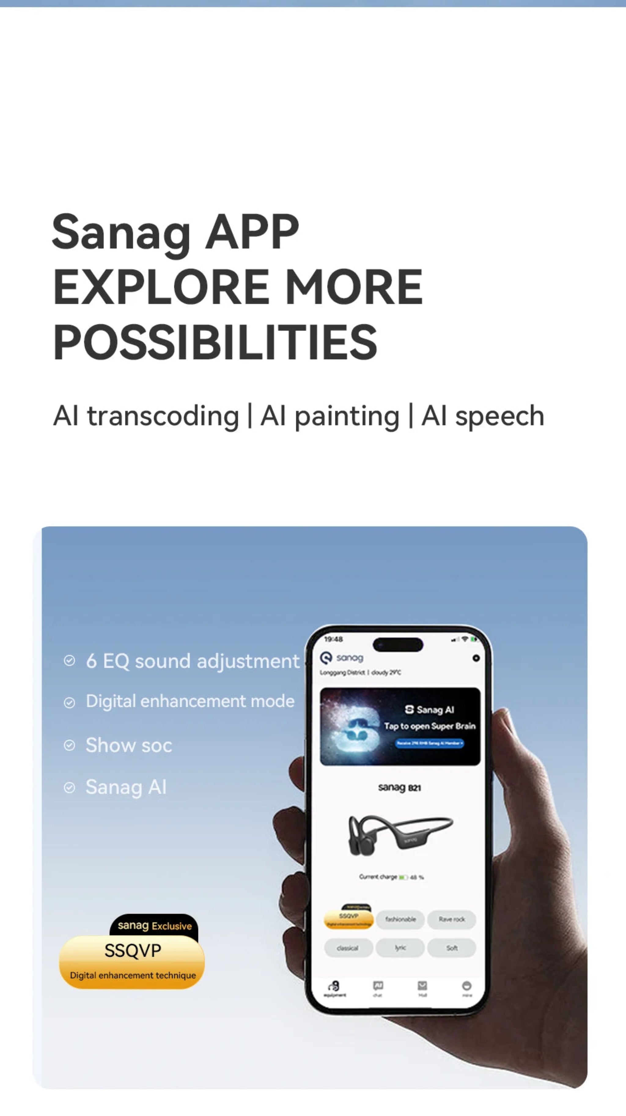 Phone screen displaying app features with a hand holding the phone.