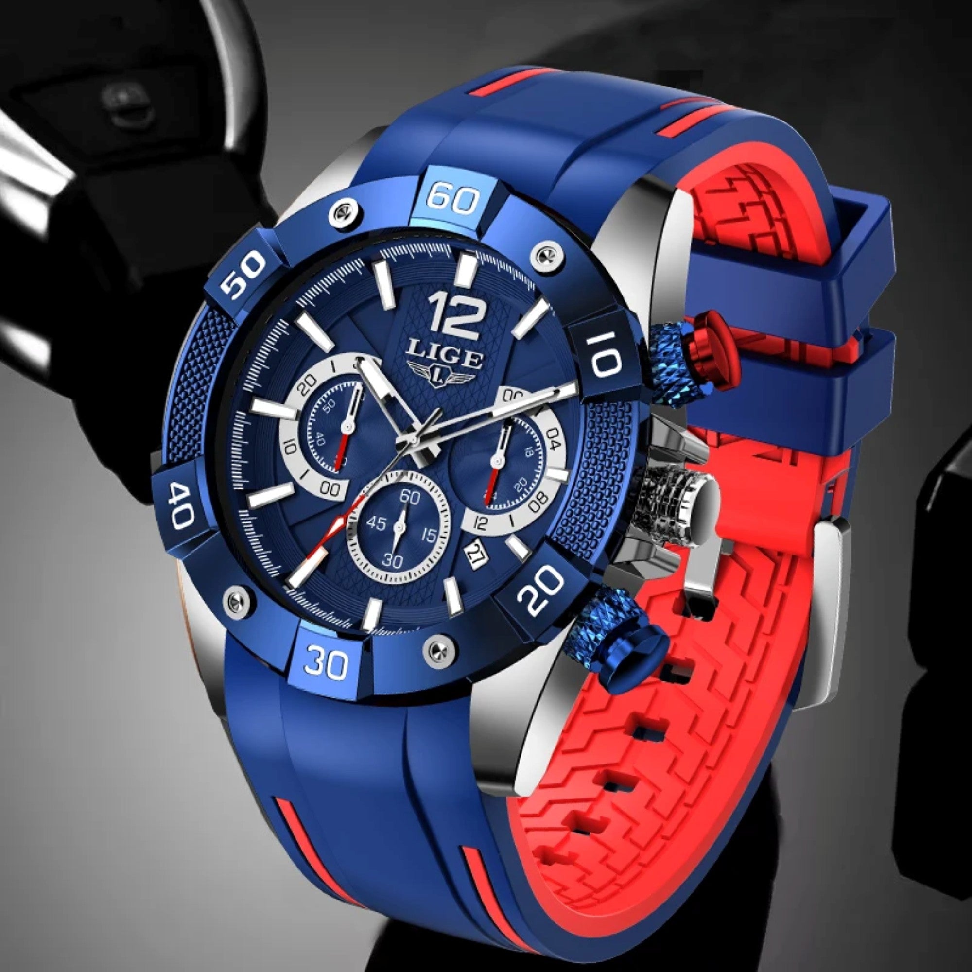 Blue and red watch with detailed face on a dark background