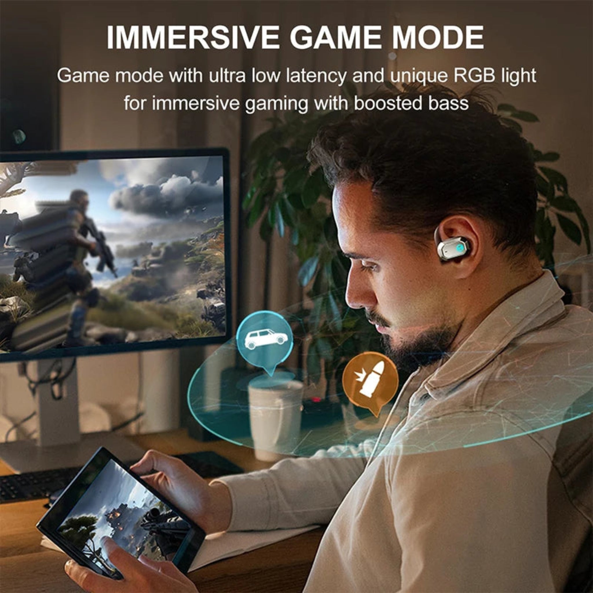 Man playing a game with immersive game mode features highlighted