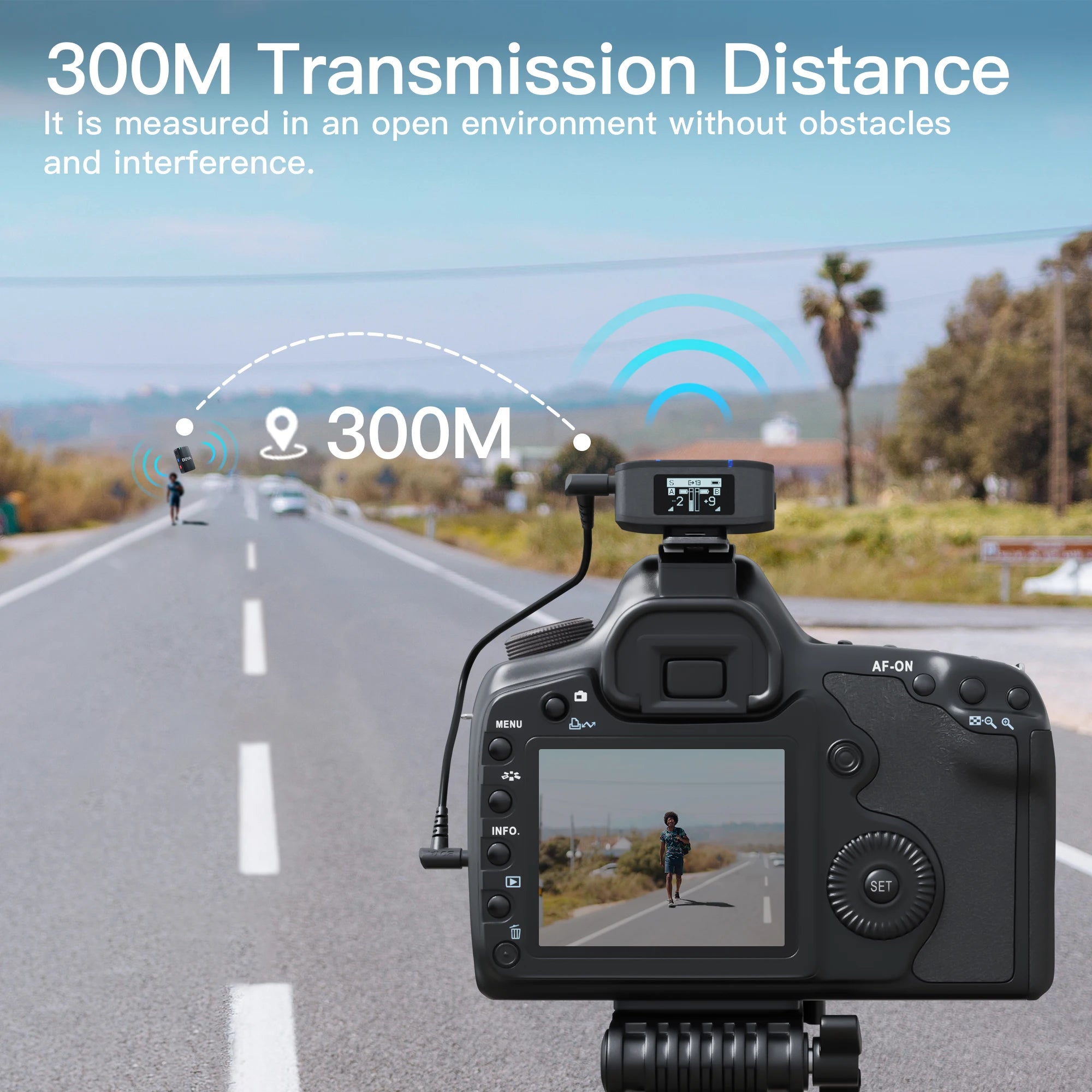 Camera with wireless transmission device on a road, showing 300M transmission distance.