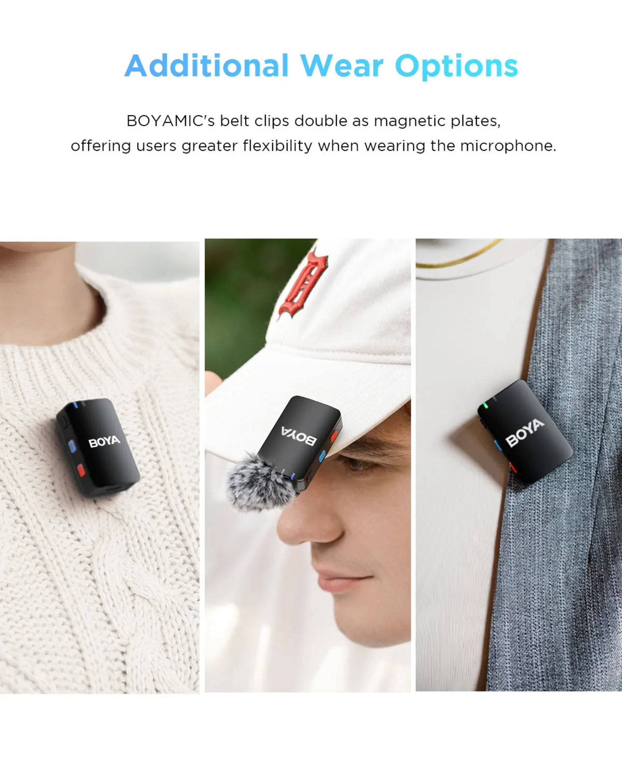 BOYAMIC microphone belt clip worn on a person's chest, ear, and jacket.