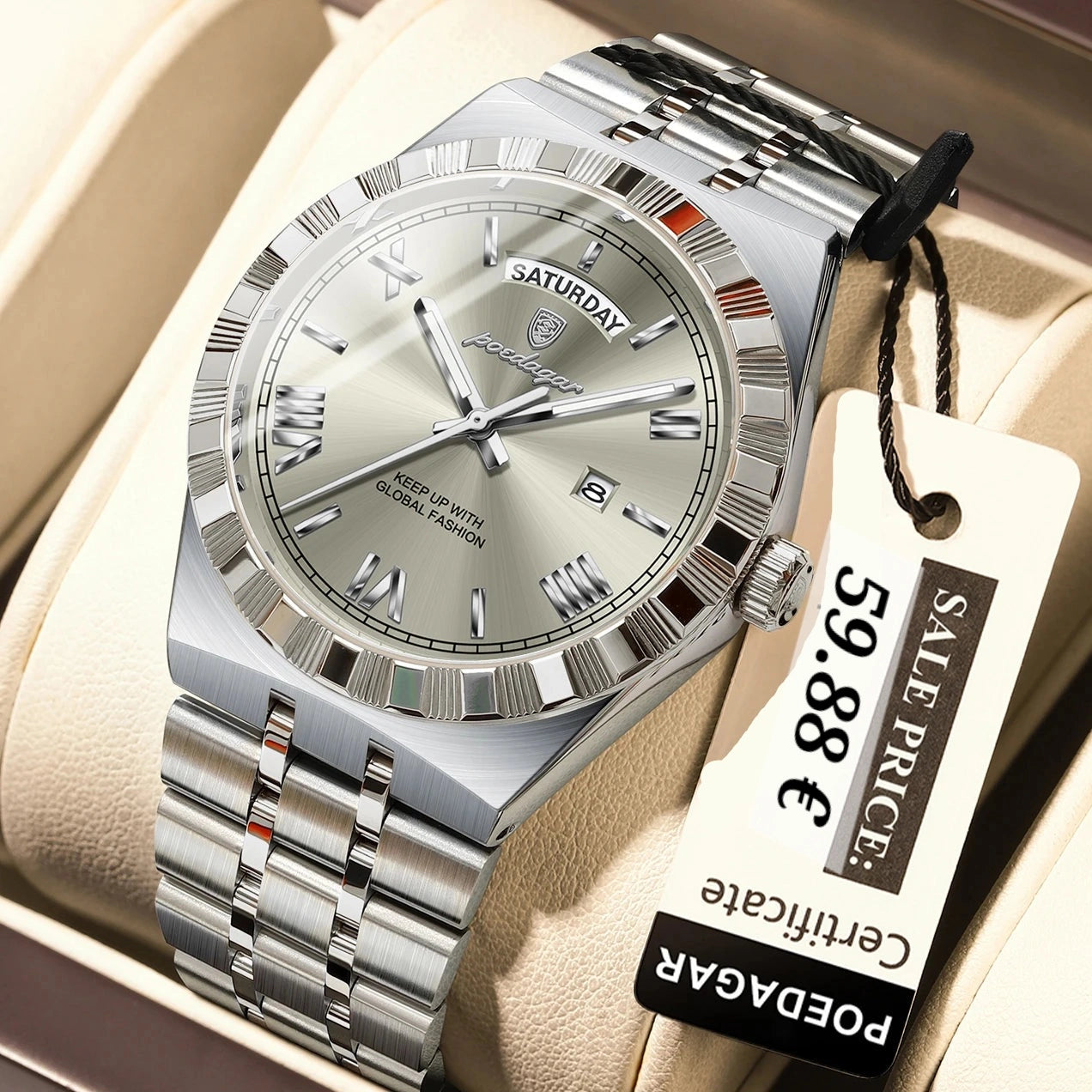 A silver stainless steel wristwatch with a textured bezel and a light gray dial, presented in a beige watch box with a paper price tag attached.
