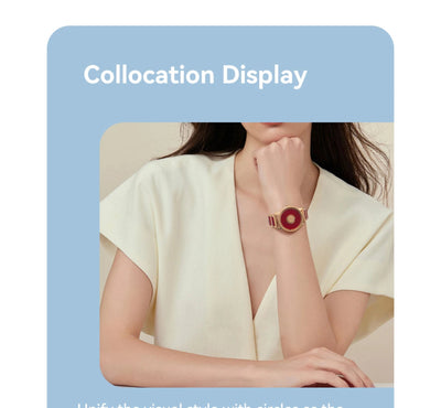 Woman wearing a red watch on a light blue background with text 'Collocation Display'.