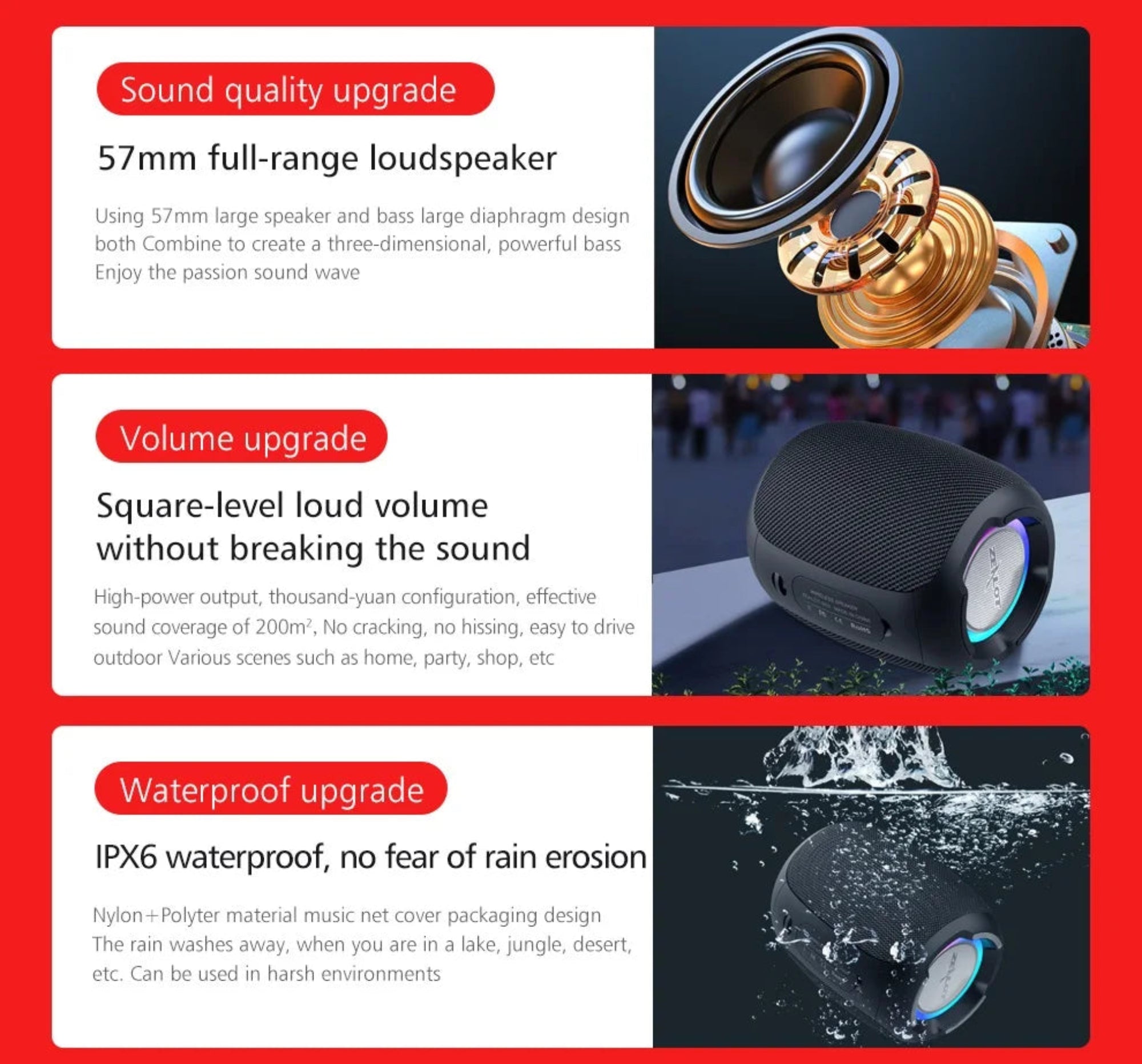 Product features including sound quality, volume, and waterproof upgrades with corresponding images and text.