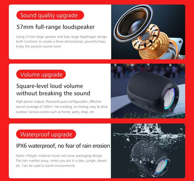 Product features including sound quality, volume, and waterproof upgrades with corresponding images and text.