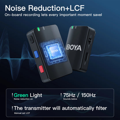 BOYA noise reduction device with green light indicator on a dark background