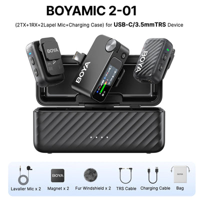 BOYA wireless microphone system with charging case on a white background