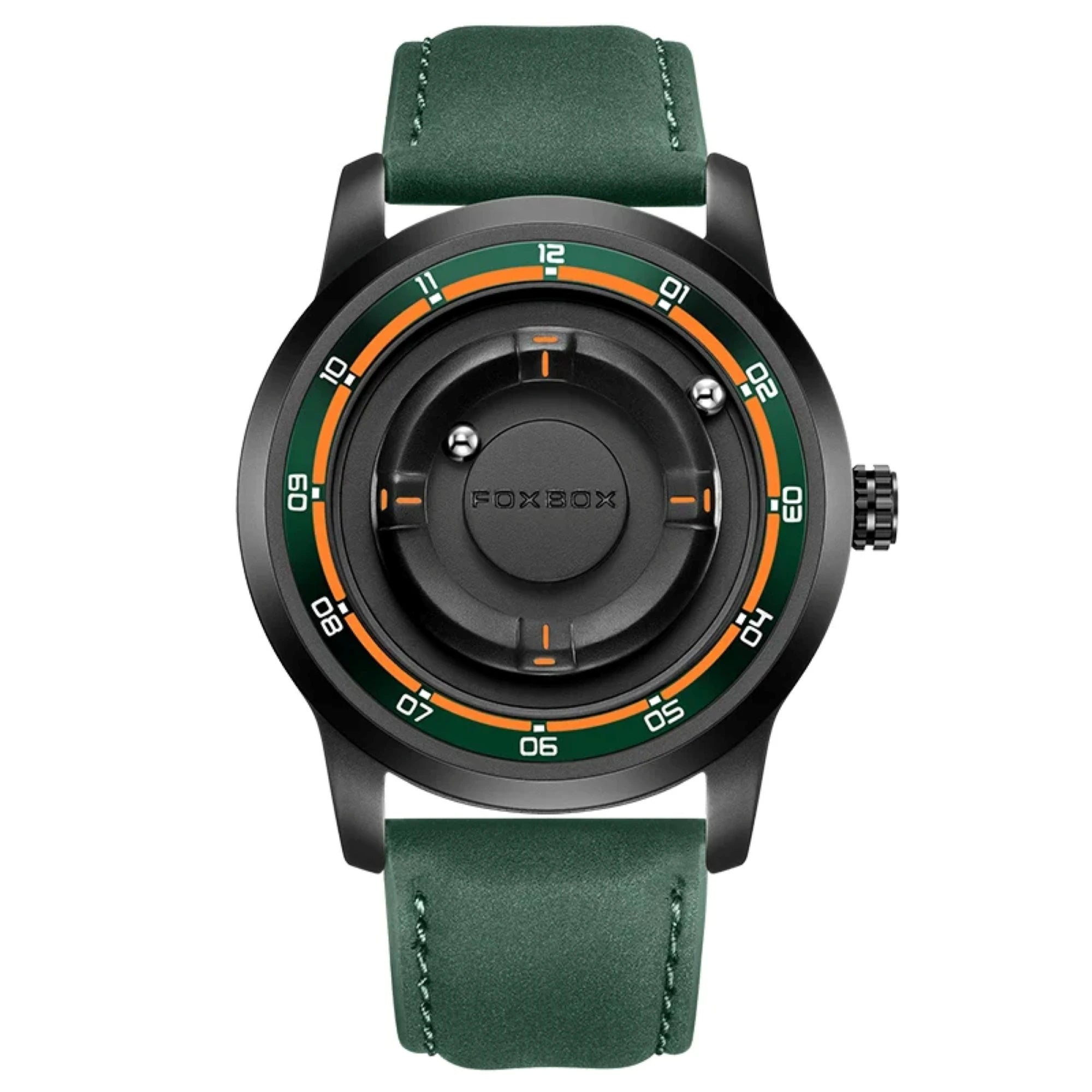 A FOXZOM analog watch with a dark green leather strap, a black round case, and a black dial featuring an orange ring and white numerals, shown against a plain white background.