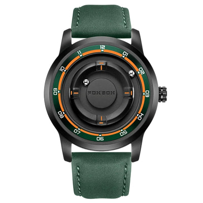 A FOXZOM analog watch with a dark green leather strap, a black round case, and a black dial featuring an orange ring and white numerals, shown against a plain white background.