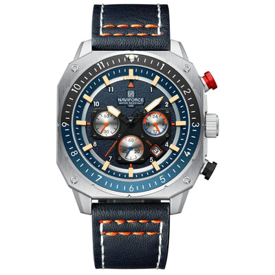 A multicolored sports multifunction waterproof watch for men with a leather band and a dial featuring luminous hands and a date display.