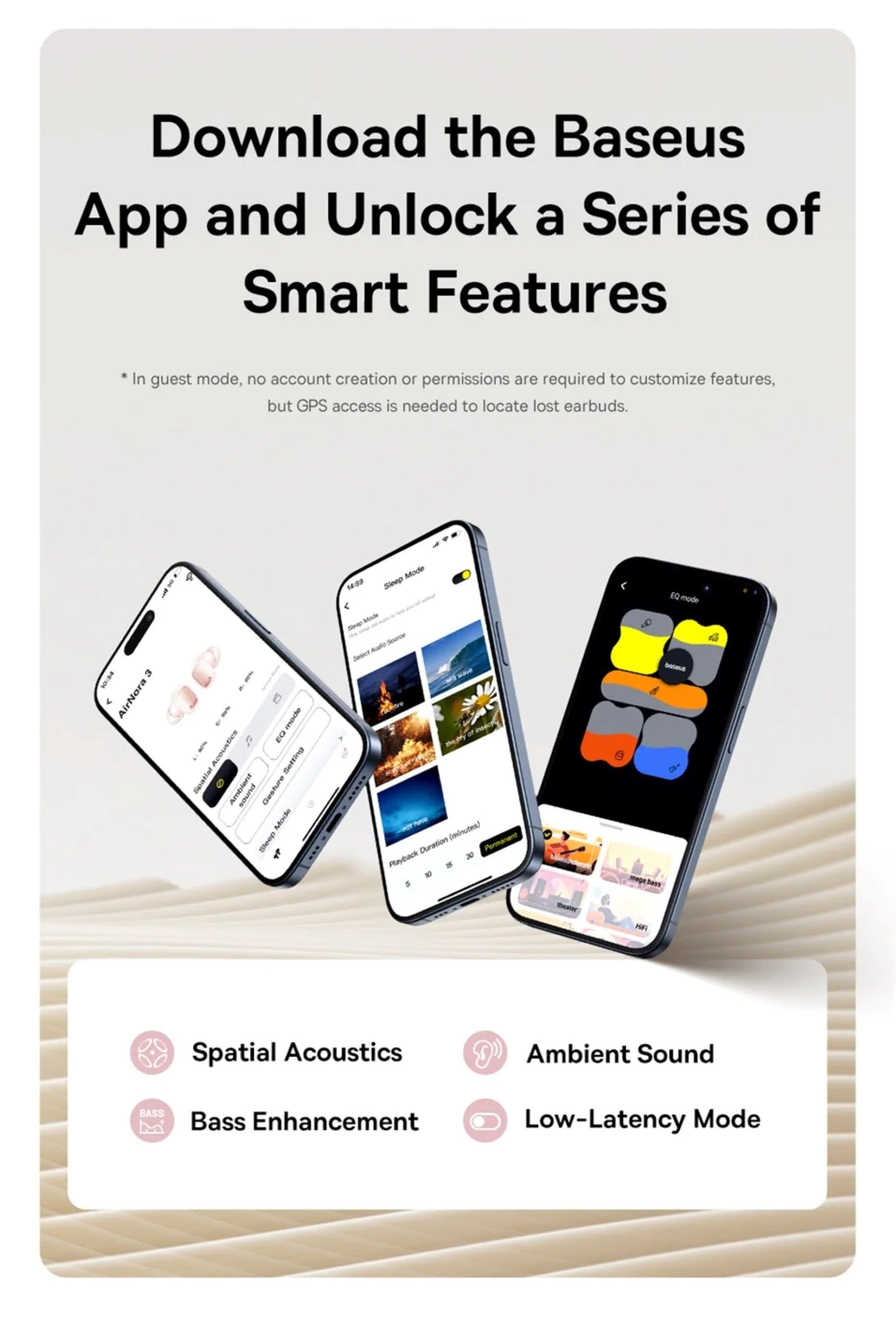 Promotional graphic for the Baseus app with smartphone screens displaying features.